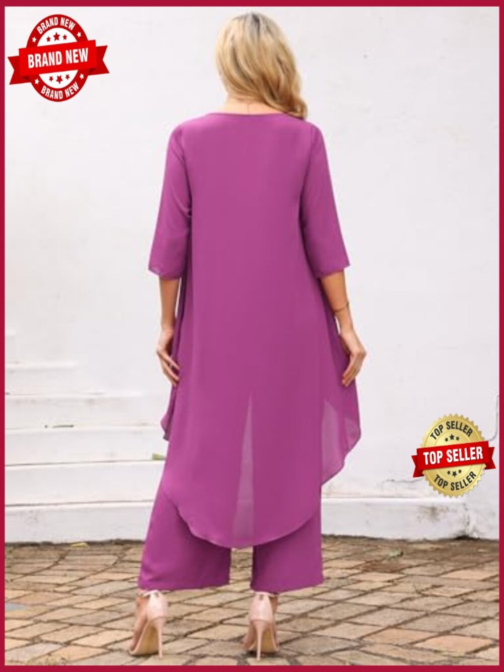 2 Piece Chiffon Pantsuit High Low Top Wide Leg Pants Set Formal Wedding Guest - Picture 6 of 7